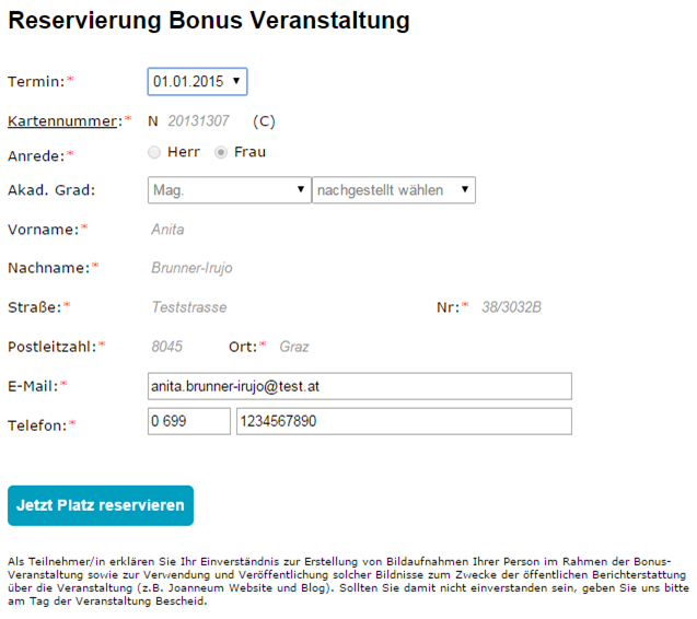 Personalisiertes Formular für die Reservierung der Bonus-Veranstaltung