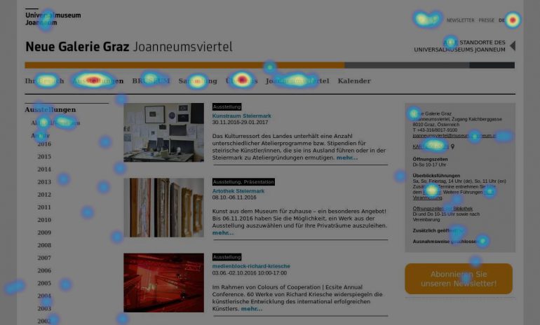 Eine "Heatmap" zeigt das Klickverhalten der Online-Besucher/innen und kann auf Probleme mit der Navigation hinweisen