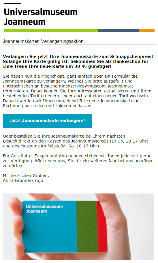 The newsletter asks the recipient to download a PDF form and return to us so we can renew their Joanneum-card.